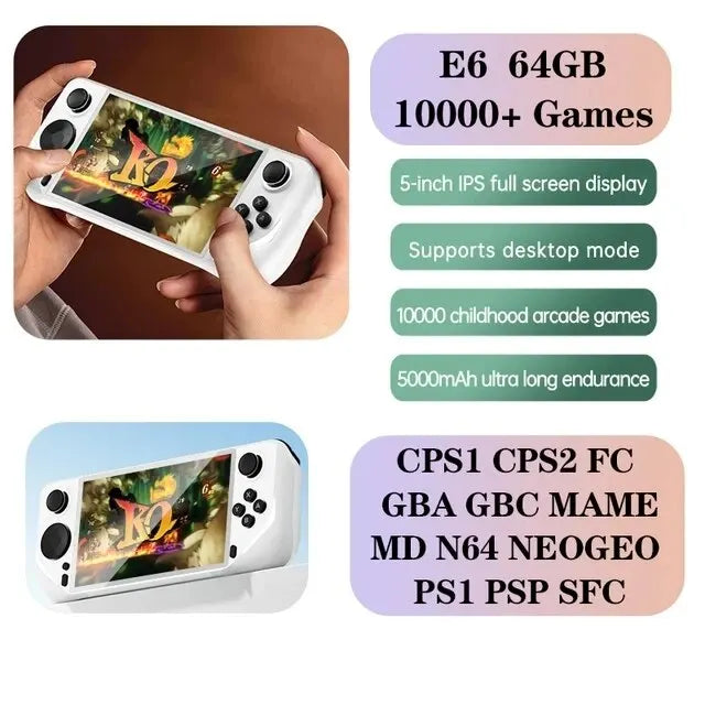 E6 Handheld GAME Console Portable Video Game Support 5-inch IPS Screen 60Hz Screen Retro Gamebox 10000 Games Children's Gift