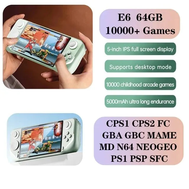 E6 Handheld GAME Console Portable Video Game Support 5-inch IPS Screen 60Hz Screen Retro Gamebox 10000 Games Children's Gift